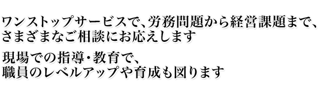 ワンストップサービスで、労務問題から経営課題まで、さまざまなご相談にお応えします 現場での指導・教育で、職員のレベルアップや育成も図ります